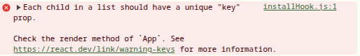 ブラウザの開発者ツールのConsoleにkeyに関する警告が表示された画面