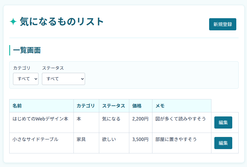 一覧画面にカテゴリとステータスの選択欄を追加した画面