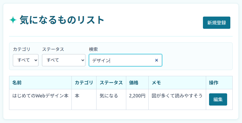 名前やメモのキーワードで検索した結果を表示する一覧画面