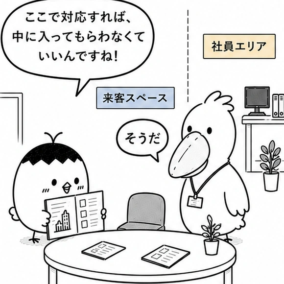 5ページ目 来客スペースで対応し、社員エリアを分けている場面